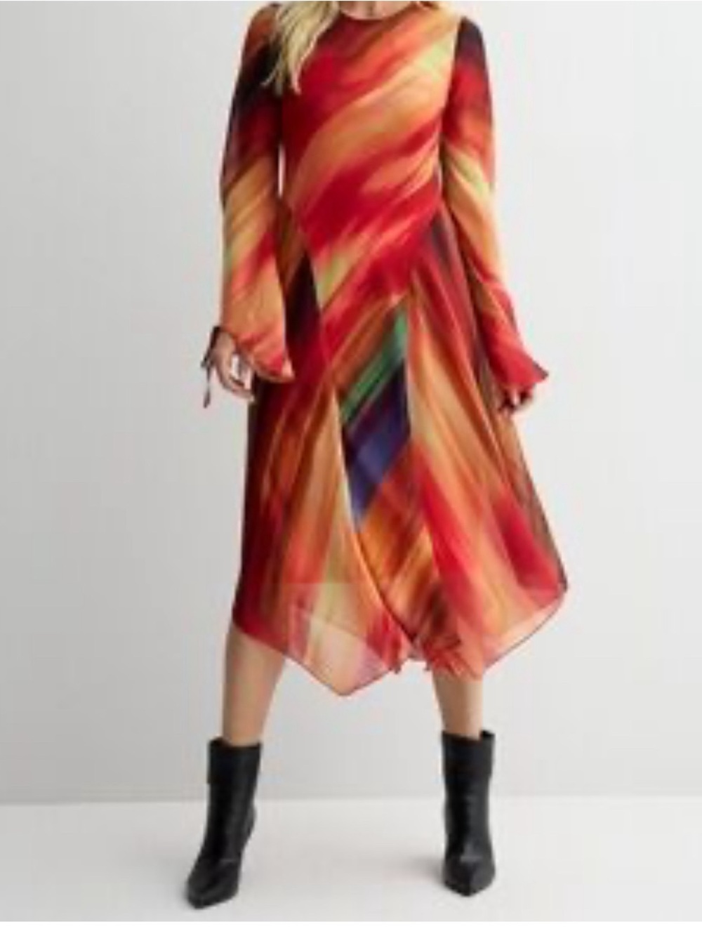Long Sleeve Red Abstract Print Midi Dress